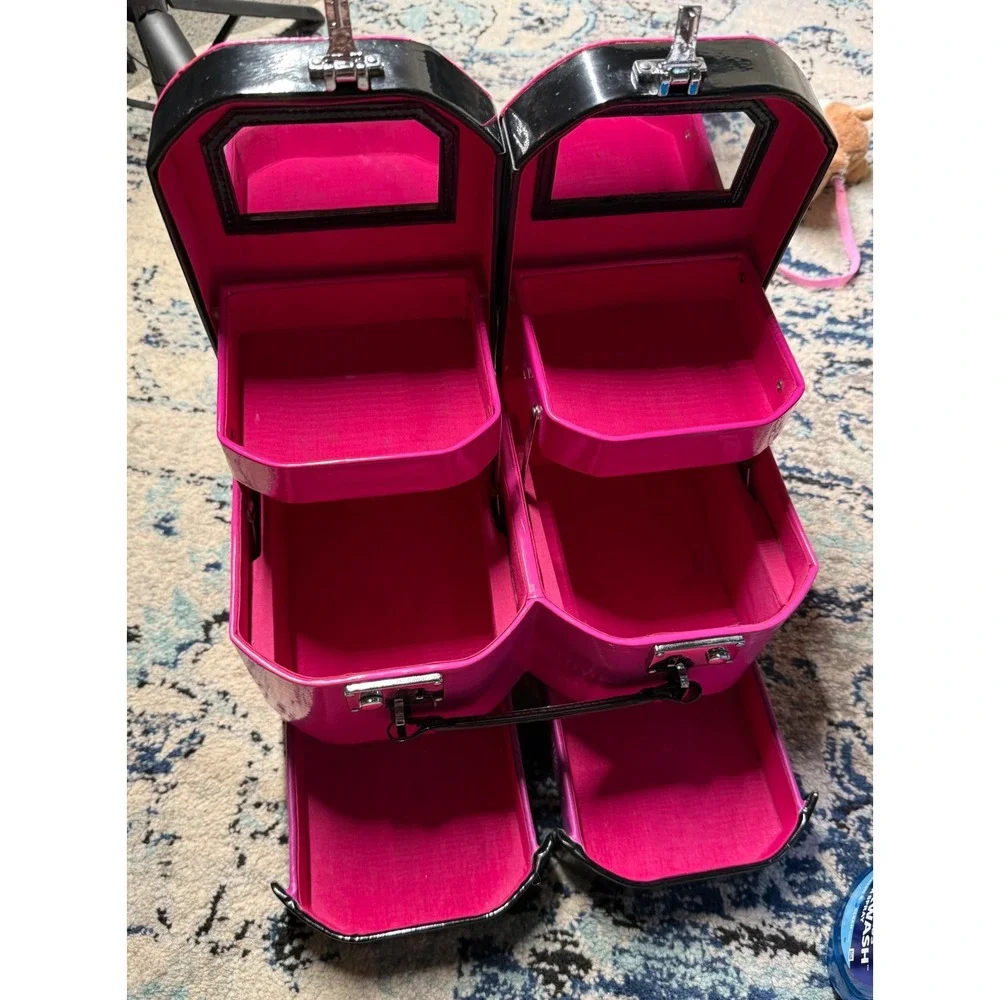 Vintage Pink Black Heart Shaped Makeup Train Case Vanity Mirror Box Y2K Storage